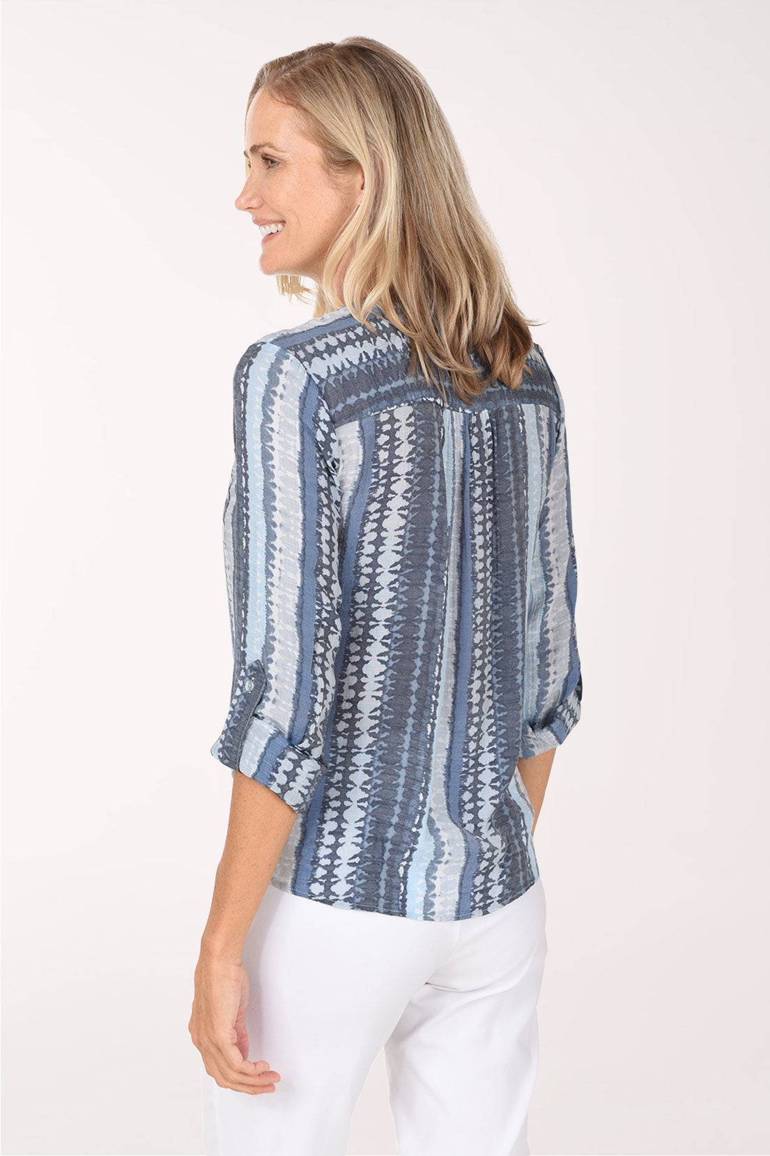 Back view of the Mottled Blue Striped Button-Front Blouse showing the center back pleat