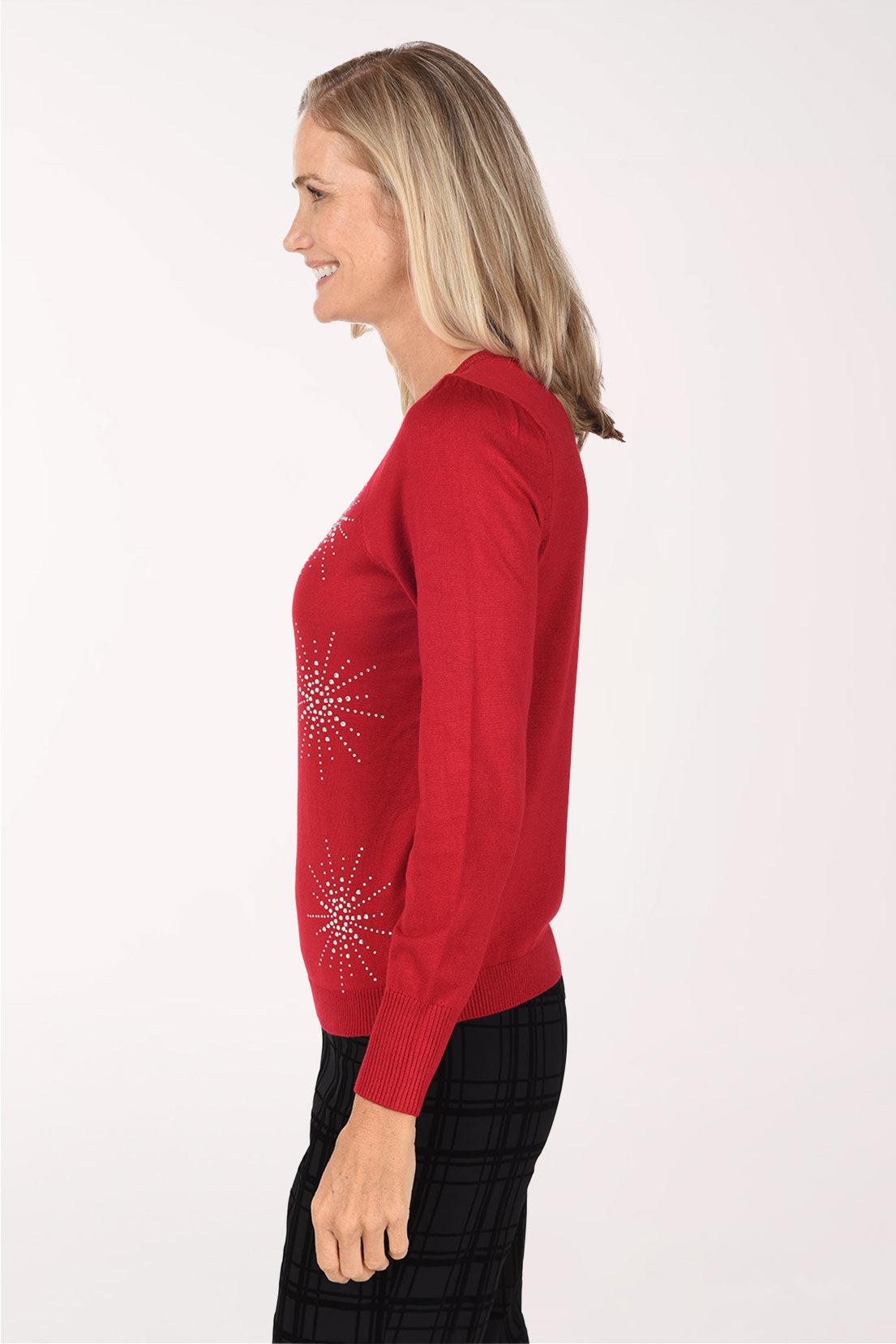 Side view of the Crystal Sparkle Crewneck Sweater showing the ribbed hem