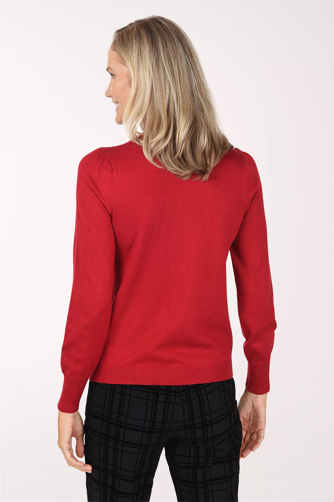 Back view of the Crystal Sparkle Crewneck Sweater in solid red