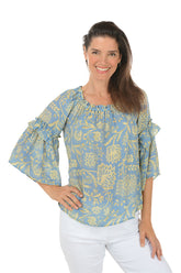 French Vanilla Damask Ruffled Bell Sleeve Blouse