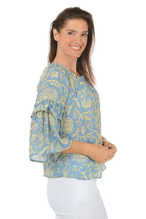 French Vanilla Damask Ruffled Bell Sleeve Blouse