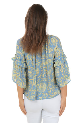 French Vanilla Damask Ruffled Bell Sleeve Blouse