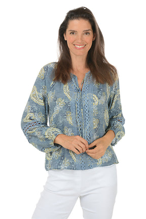 Paisley Crochet Trim Tie Neck Blouse