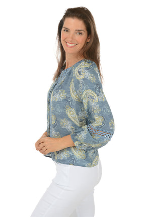 Paisley Crochet Trim Tie Neck Blouse