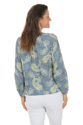 Paisley Crochet Trim Tie Neck Blouse