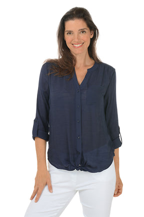 Solid Mandarin Collar Button-Front Shirt