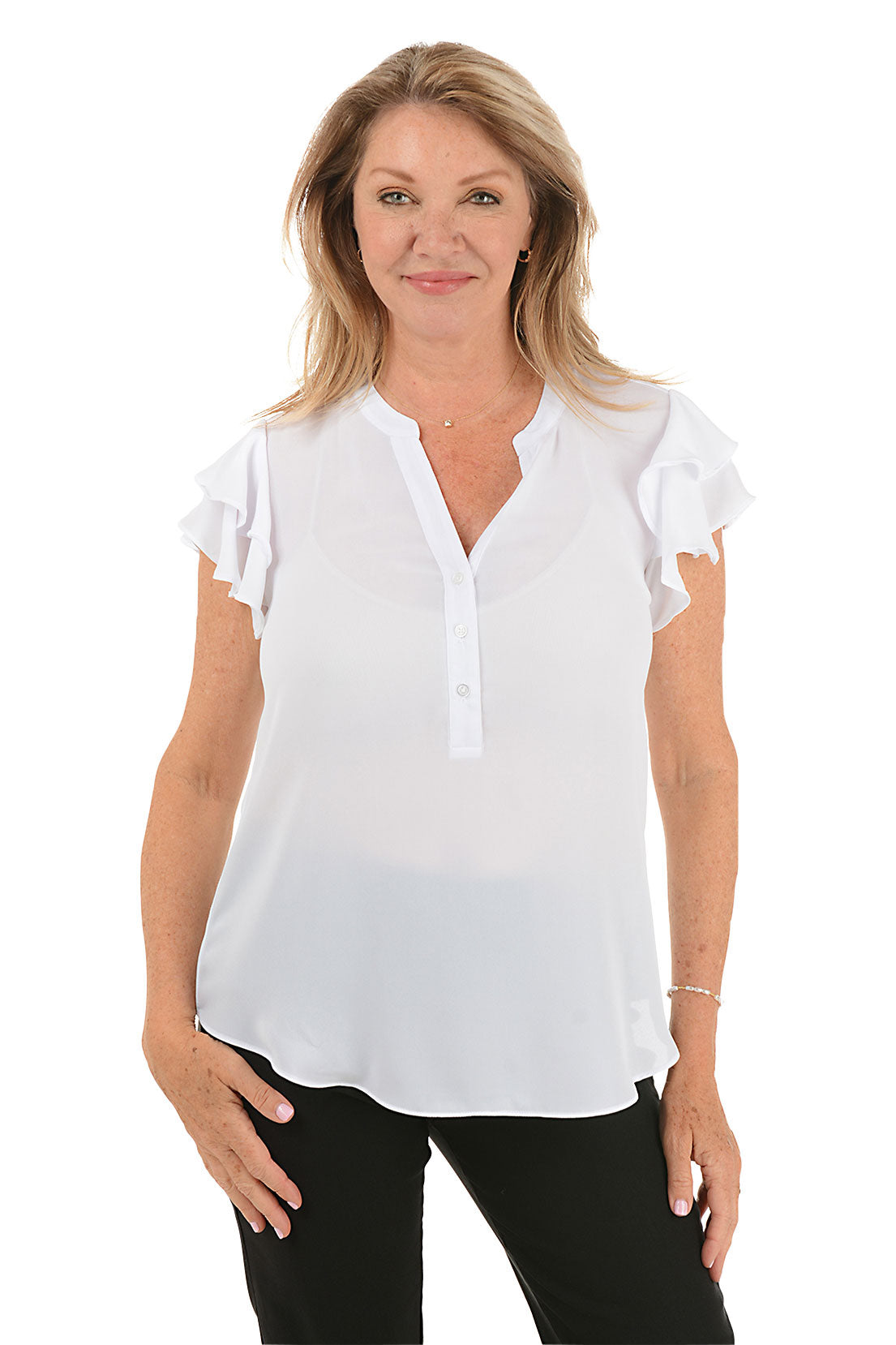 Solid Crepe Ruffled Short Sleeve Blouse
