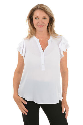 Solid Crepe Ruffled Short Sleeve Blouse