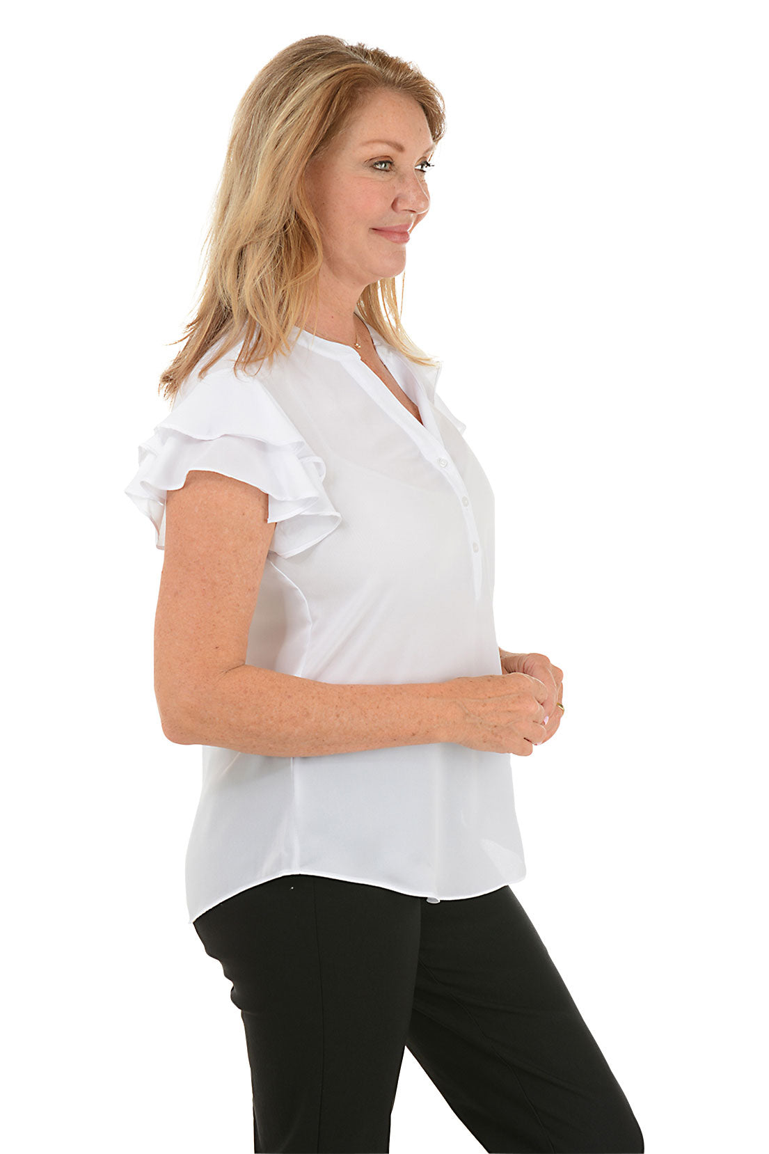 Solid Crepe Ruffled Short Sleeve Blouse