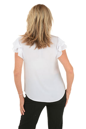 Solid Crepe Ruffled Short Sleeve Blouse