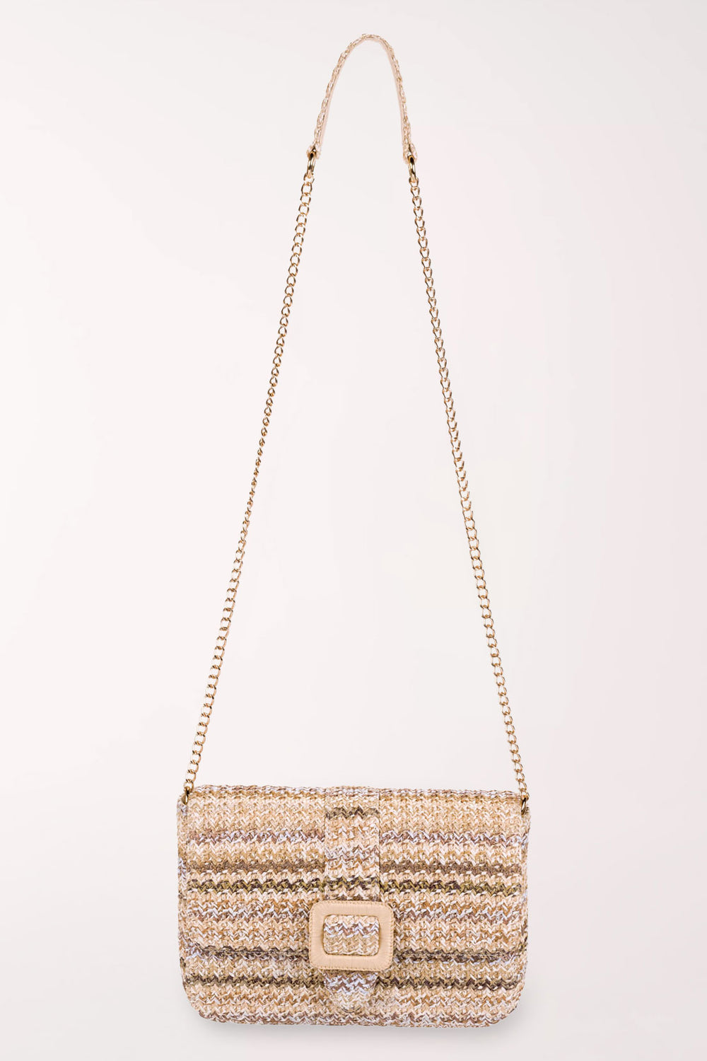 Beige straw handbag with a chain strap on a white background