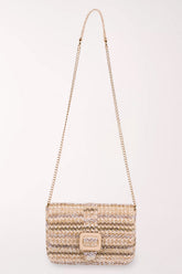 Beige straw handbag with a chain strap on a white background