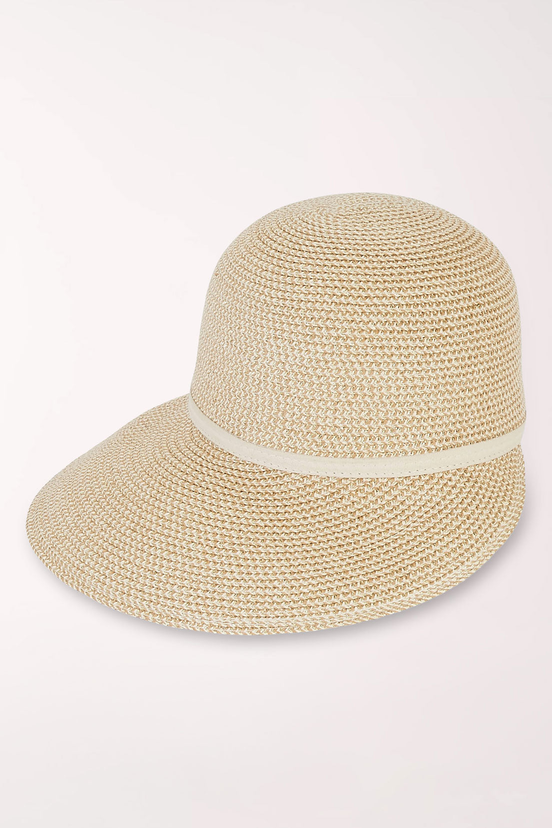 Beige straw hat with a white band on a white background