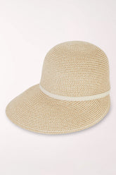 Beige straw hat with a white band on a white background