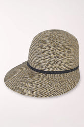 Beige straw hat with a black band on a white background