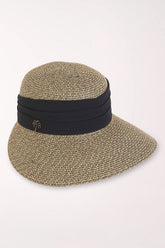 Beige straw hat with a black band on a white background