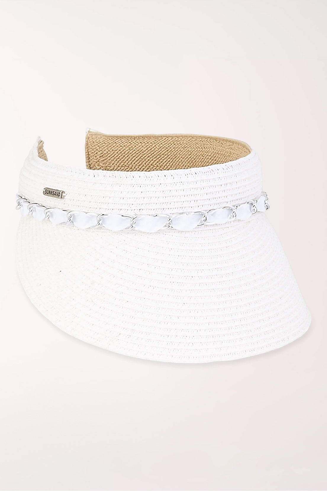 White woven visor with a white chain 