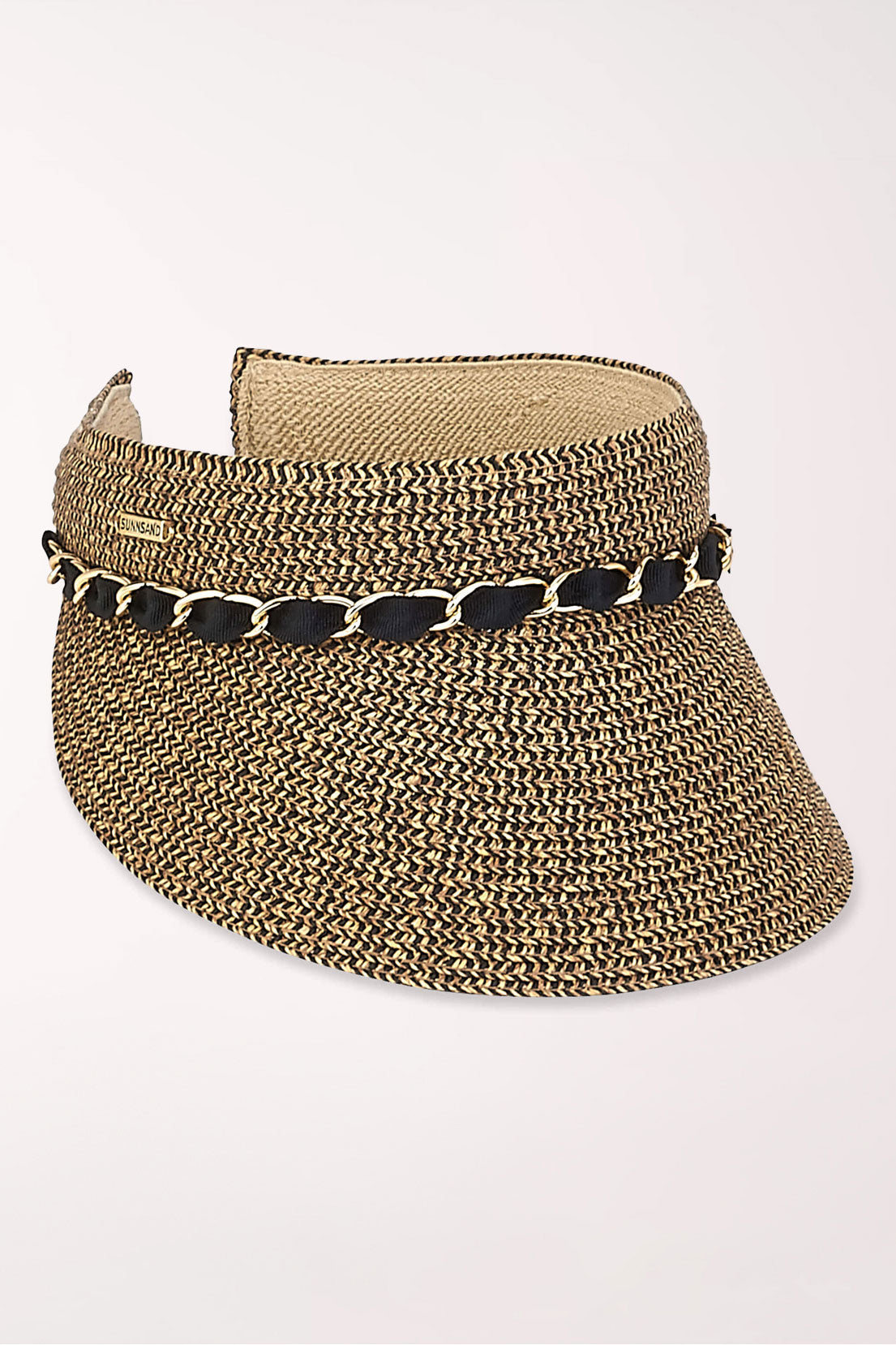 Brown woven visor with a black chain 