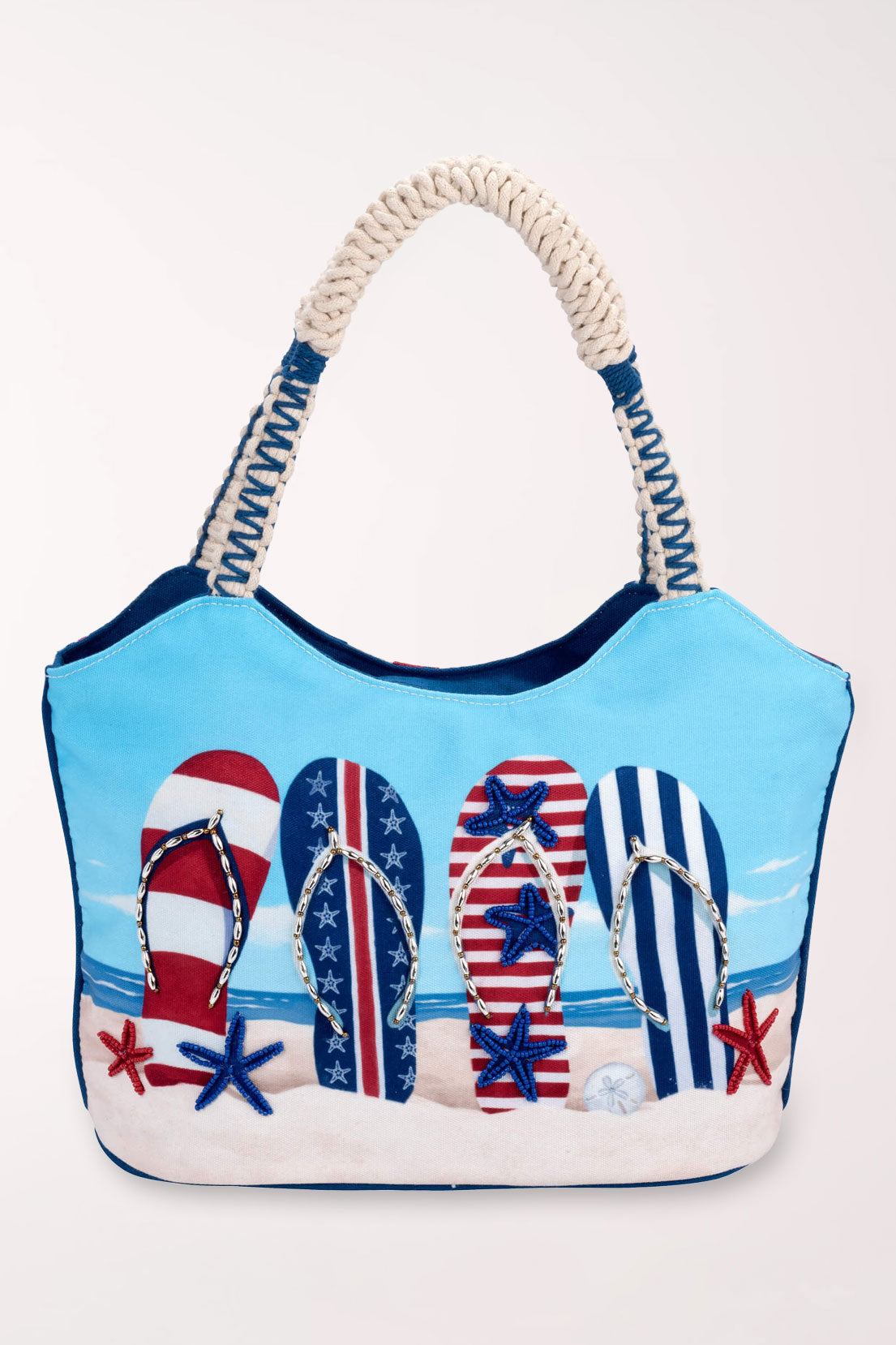 Tote bag with flip-flop and American flag design on a white background
