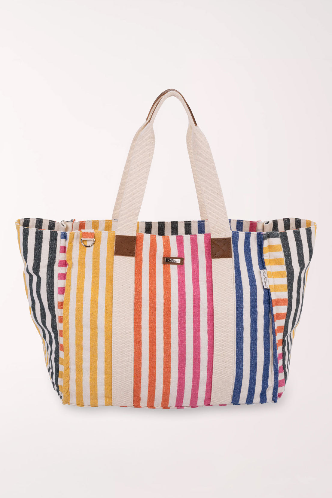 Multicolored striped tote bag on a white background