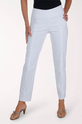 White pants worn by a person on a white background