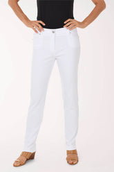 Person wearing white pants on a plain background