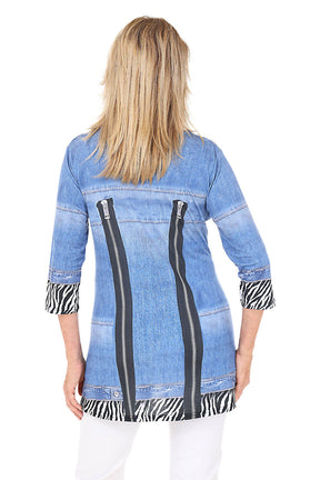 VALENTINA Zebra Denim Jacket Printed Knit Tunic