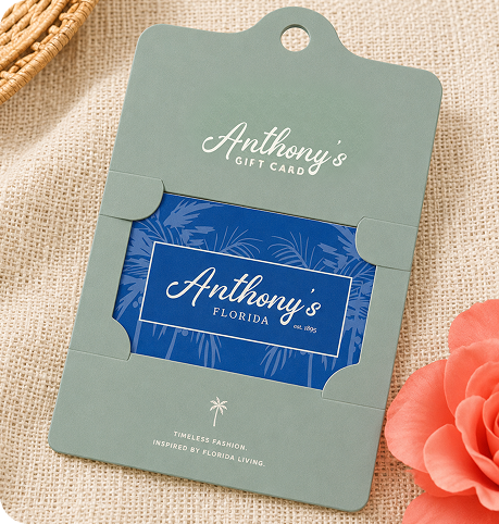 Anthony's physical gift card packaged in a sage card holder