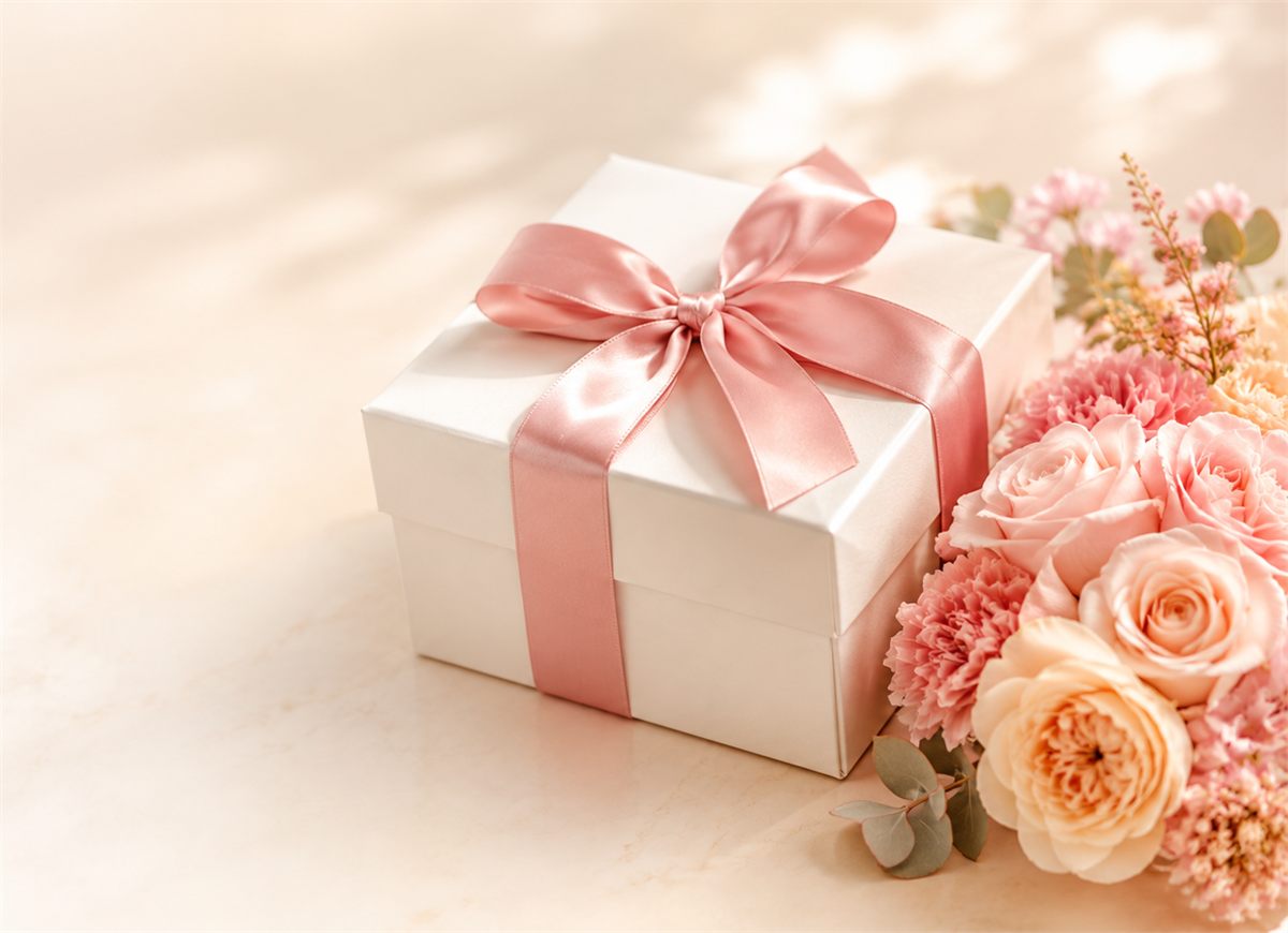 Wrapped gift with pink flowers